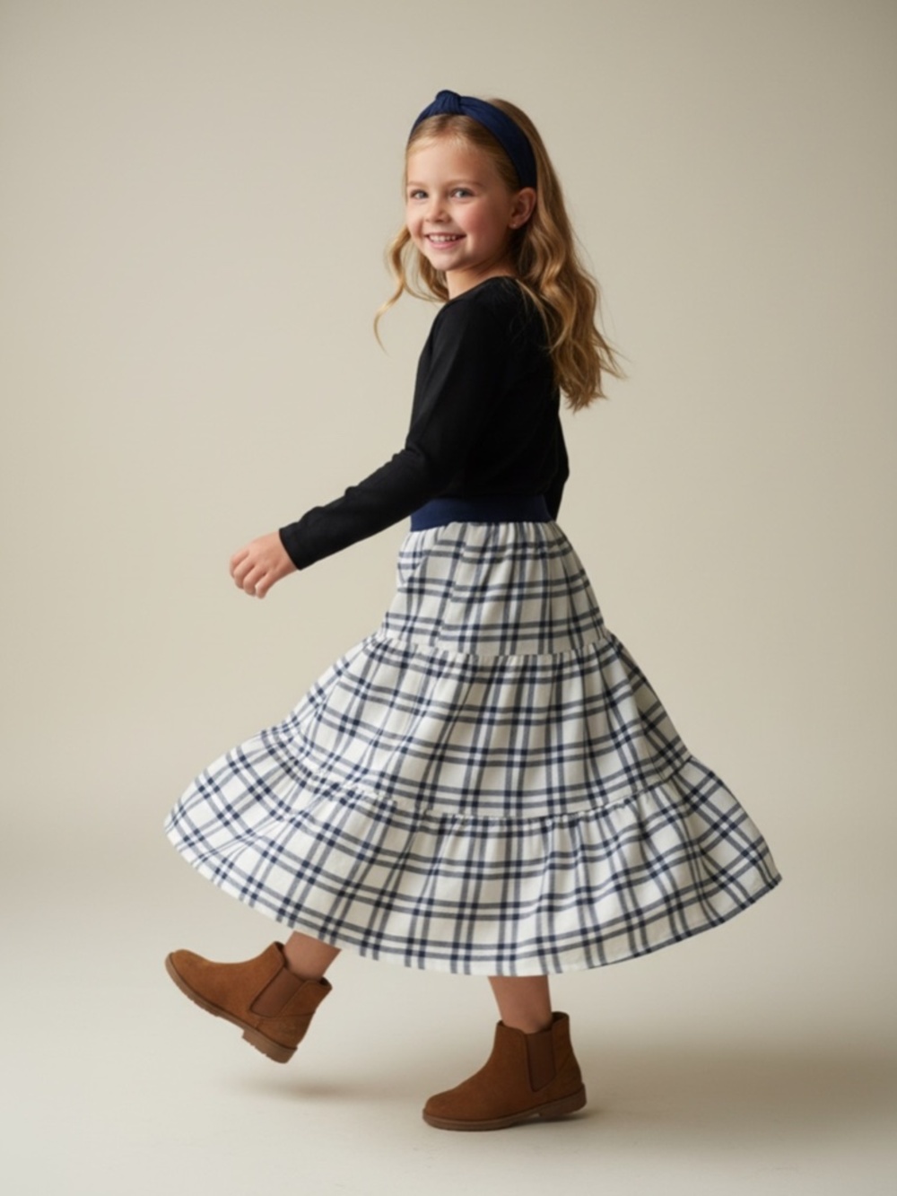Skirt Flannel Girls 7 Maxi Blue‎ Plaid Ruffle Tiered Preppy Mom and Pop's Kids